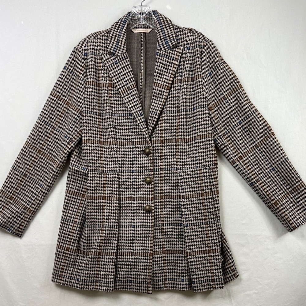Soft Surroundings Houndstooth Jacket Womens M Brown Plaid Knit Pleated Coat